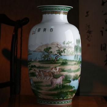 景德镇名家名瓷百骏图花瓶